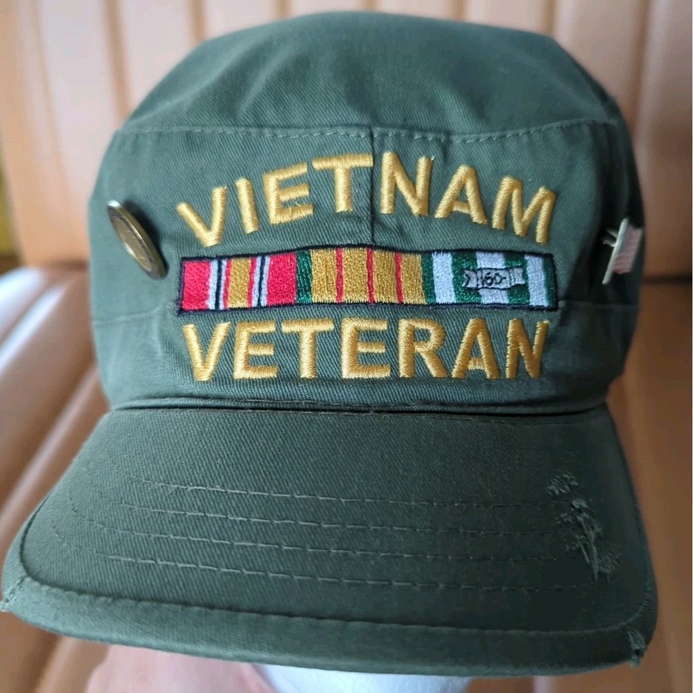 Vietnam Veteran Fatigue Combat Cap Green Large 7 1/2 Rothco Fitted With War Pins